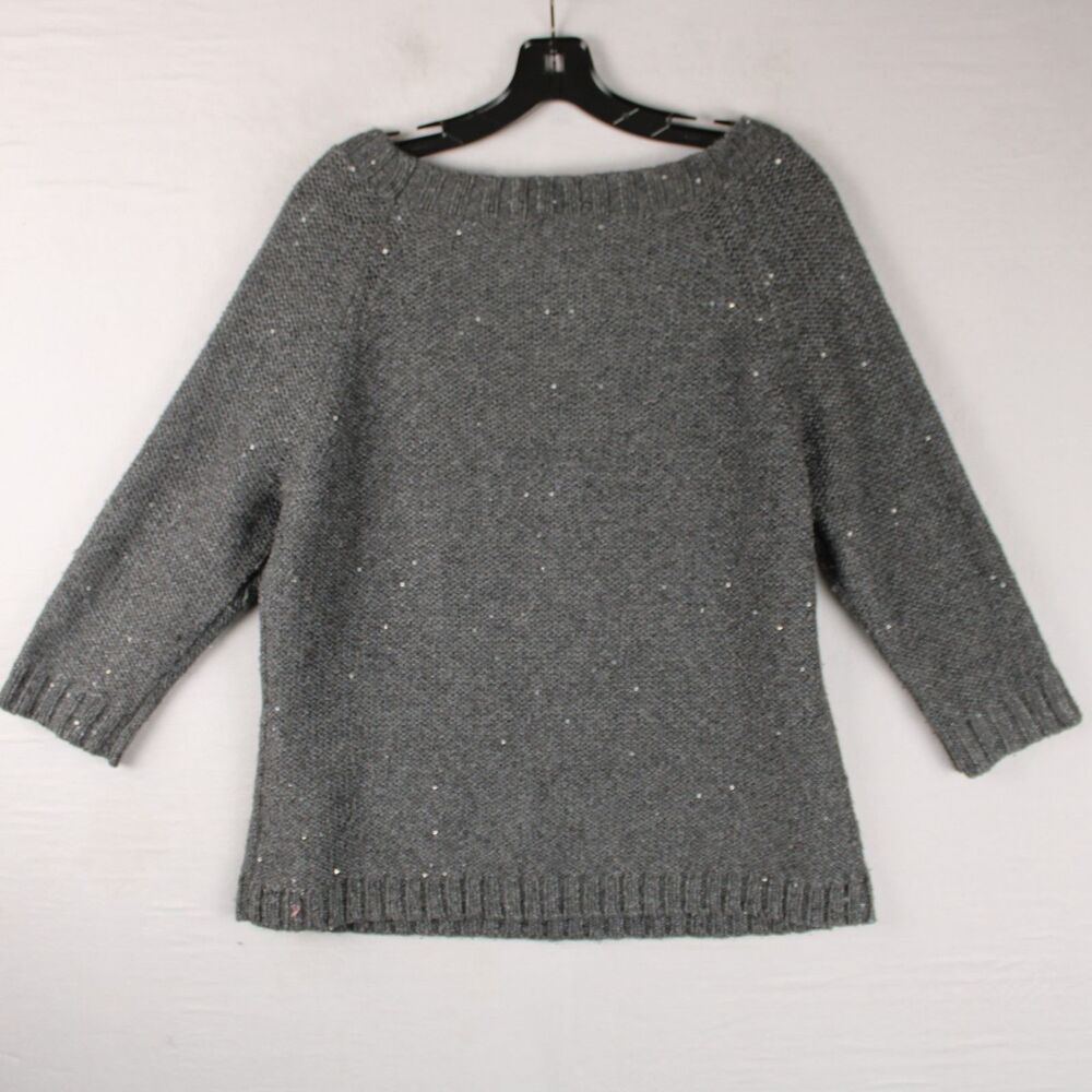 Talbots Woman Petites Wool Blend Sequin Sweater Gray Knit Wide Neck Shimmer L